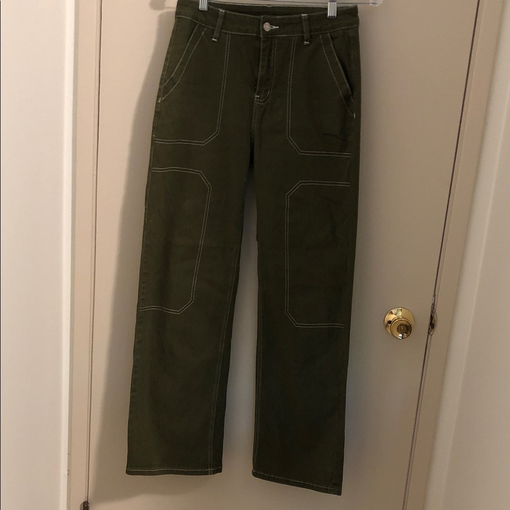 Olive Green Straight-Leg Utility Pants